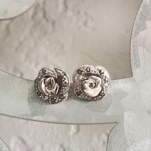 Chapal Zenray NF Silver plated marcasite rose Petal flower Earrings stud 12mm